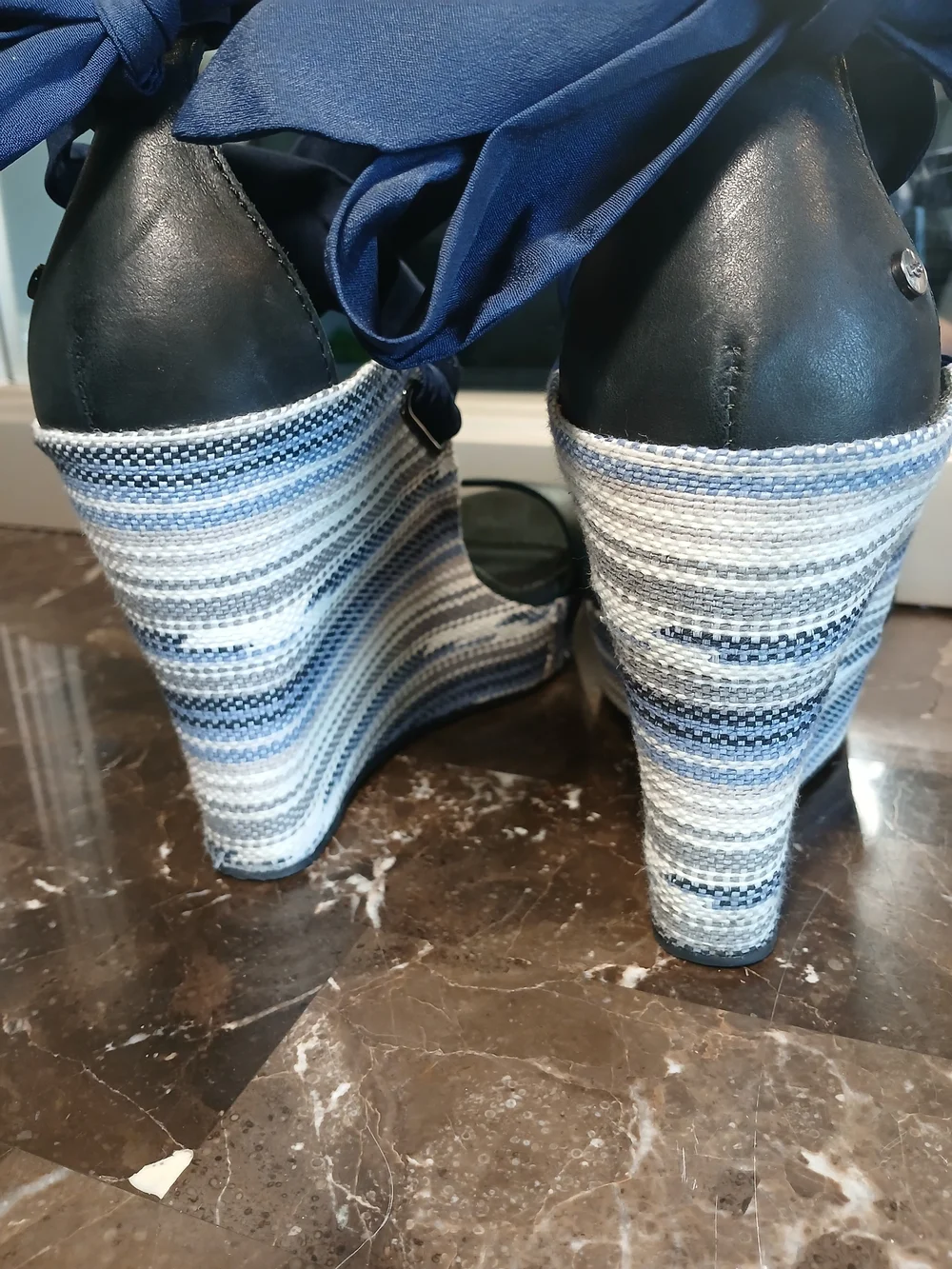 UGG Blue and White Striped Wedge Sandals with Navy Ankle Tie